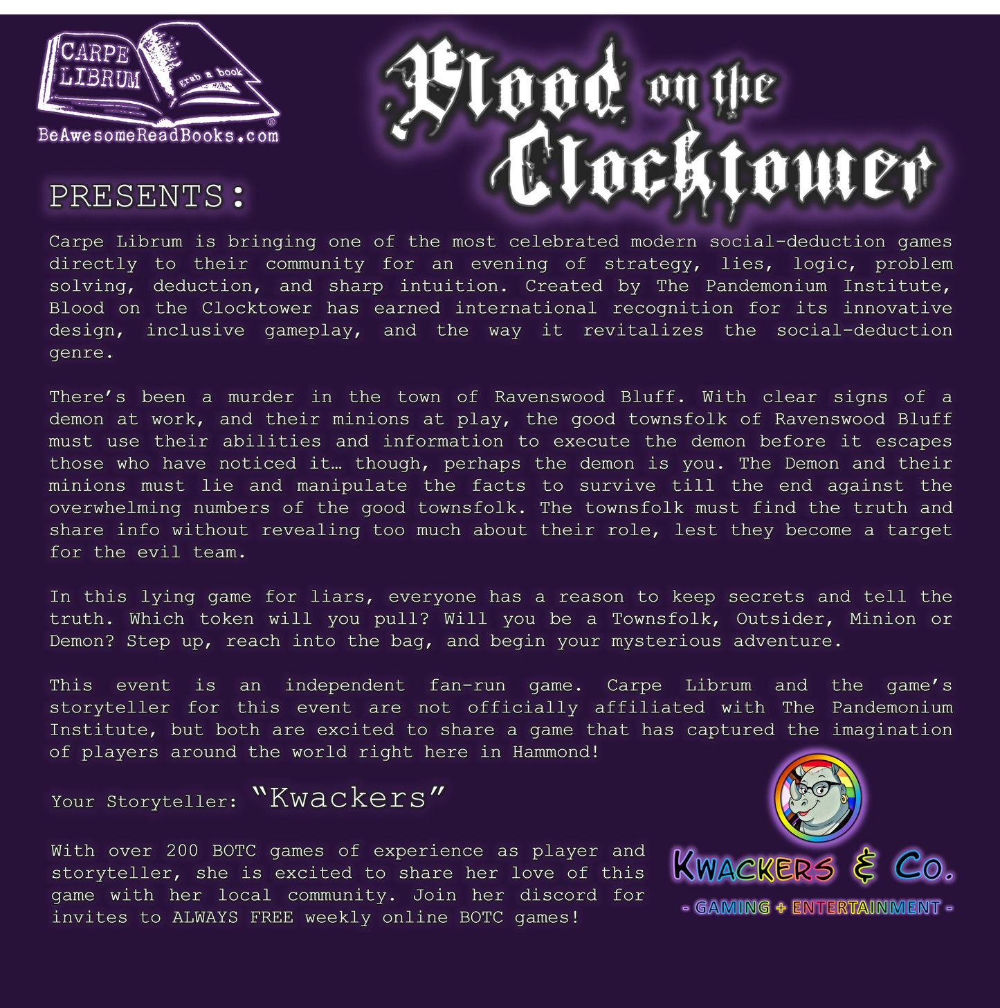 Blood on the Clocktower Game Night - Limited Availability (July 16th - 5:30pm)